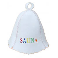 Плотная шапка из влагостойкой ткани для бани и сауны с яркой вышивкой "Sauna" Белая