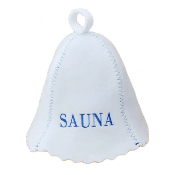 Щільна шапка з вологостійкої тканини для лазні та сауни з яскравою вишивкою "Sauna" Біла