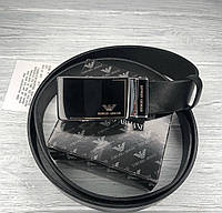 Мужской кожаный ремень с пряжкой автомат Giorgio Armani универсальный пояс из натуральной кожи черный
