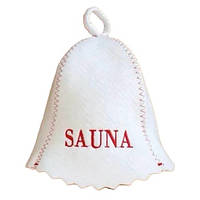 Плотная шапка из влагостойкой ткани для бани и сауны с яркой вышивкой "Sauna" Белая