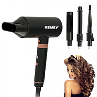 Фен для волос с 4 насадками 1600 Вт, Kemei KM-9203, Черный / Мощный фен для сушки и укладки волос
