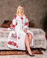 Белое Красивое вышитое платье льняное с красными цветам, Женское платье вишиванка, Платье длинное с разрезом M