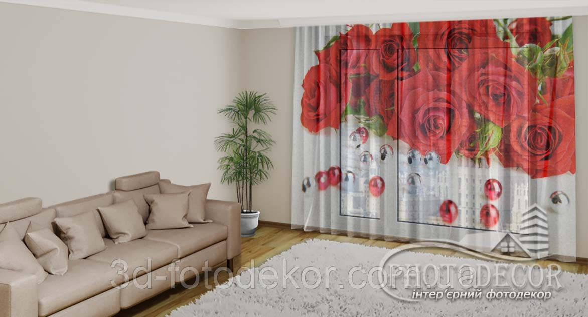 3D - Фото Тюль "Троянди з намистами" висота - 2,40м, ширина - 2,90м (2 полотна по 1,45м)