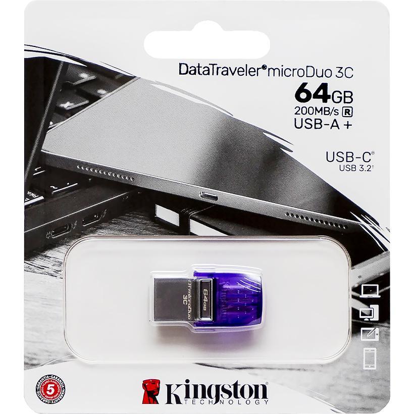 Флешка для зберігання інформації Kingston USB 64Gb DT microDuo 3C 3.2 Type-A/Type-C 200Mb/s в упаковці 1 шт