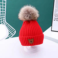 Зима еврозима Детская шапка с натуральным меховым пампоном унисекс 1-6 лет для мальчика и девочки с бубоном