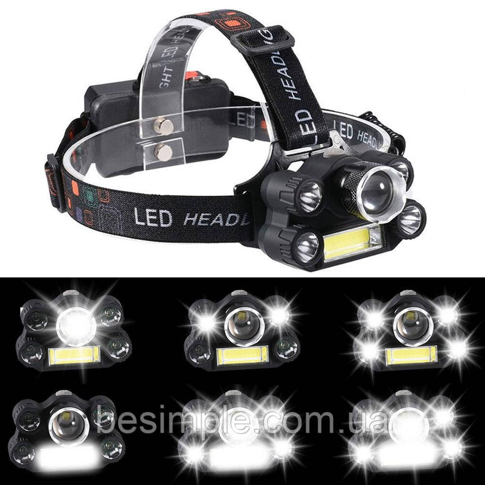 Налобний LED ліхтар, 6 режимів + 2х18650, BL-T64 / Акумуляторний світлодіодний ліхтарик на голову, фото 1