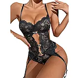 Жіноча білизна чорного кольору, пеньюар з кісточками та підтяжками, фото 3