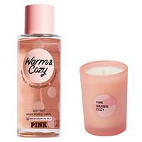 Набор: парфюмированный спрей Victoria's Secret Pink Warm & Cozy Body Mist и ароматизированная свеча 180г