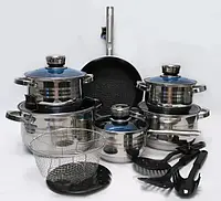 Набір посуду з неіржавкої сталі Grand Berg GB-2021 18 предметів. Кухонний комплект каструль для дому.