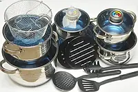 Кухонний комплект каструль для дому GB-2021. Набір посуду з неіржавкої сталі Grand Berg 18 предметів.