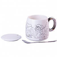 Керамический комплект Golden Romance: чашка с крышкой и ложкой, 400 мл, белый цвет
