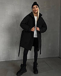 Зимова жіноча тепла куртка з капюшоном модна стильна тепла курточка на кнопках з поясом 250 єврозима