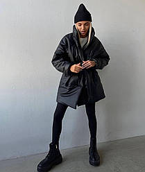 Зимова тепла жіноча куртка з екошкіри модна стильна курточка на кнопках з ременем без капюшона 250 єврозима