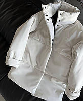 Зимняя теплая женская куртка из экокожи модная стильная курточка на кнопках с ремнем без капюшона 250 еврозима Молочный, 42/44