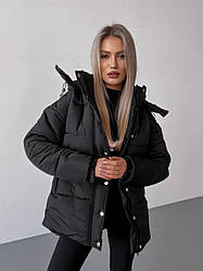 Зимова жіноча тепла куртка модна на блискавці з кнопками трендовий об'ємний пуховик силікон 250 єврозима
