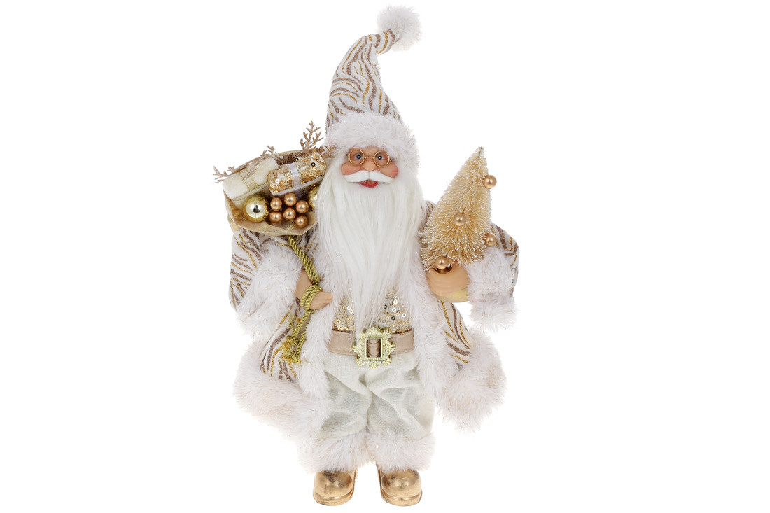Новорічна фігура Санта з подарунками та ялинкою - 30см, білий із золотистим шампань 44-135