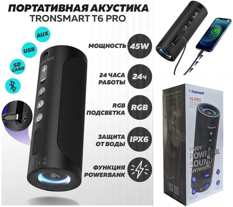 Колонка Tronsmart T6 PRO (40W, 10400mAh, PowerBank, USB-C, AUX, MicroSD, EQ, IPX6, BT5.0, TWS, 24h max)
