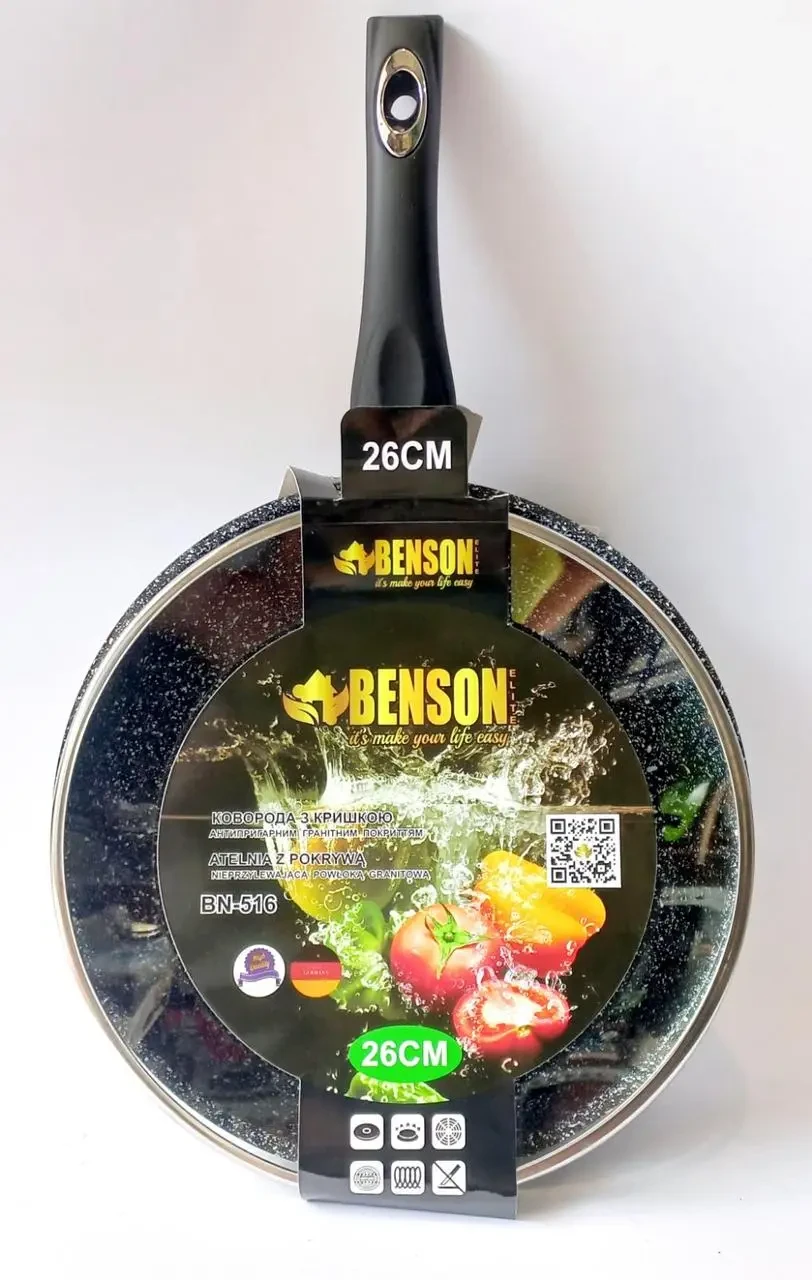 Сковорода кругла Benson BN-525 26 см без кришки з антипригарним мармуровим покриттям.
