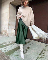Модная молодёжная женская шёлковая юбка миди р. 46 оверсайз зелёный