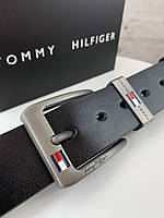 Мужской кожаный ремень Tommy Hilfiger брендовый на подарок из натуральной кожи черный томми хилфигер