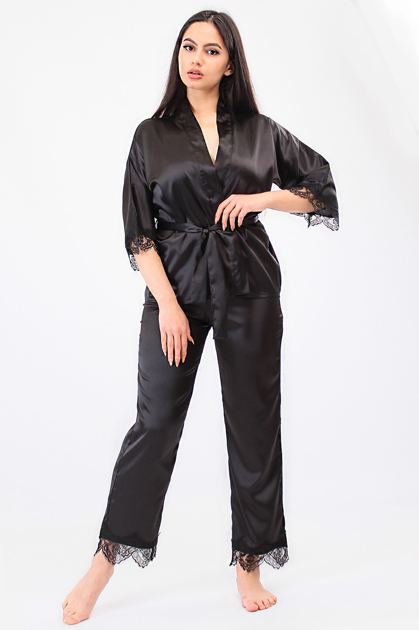 Жіноча піжама атлас-шовк штани і блуза з мереживом,одяг для дому