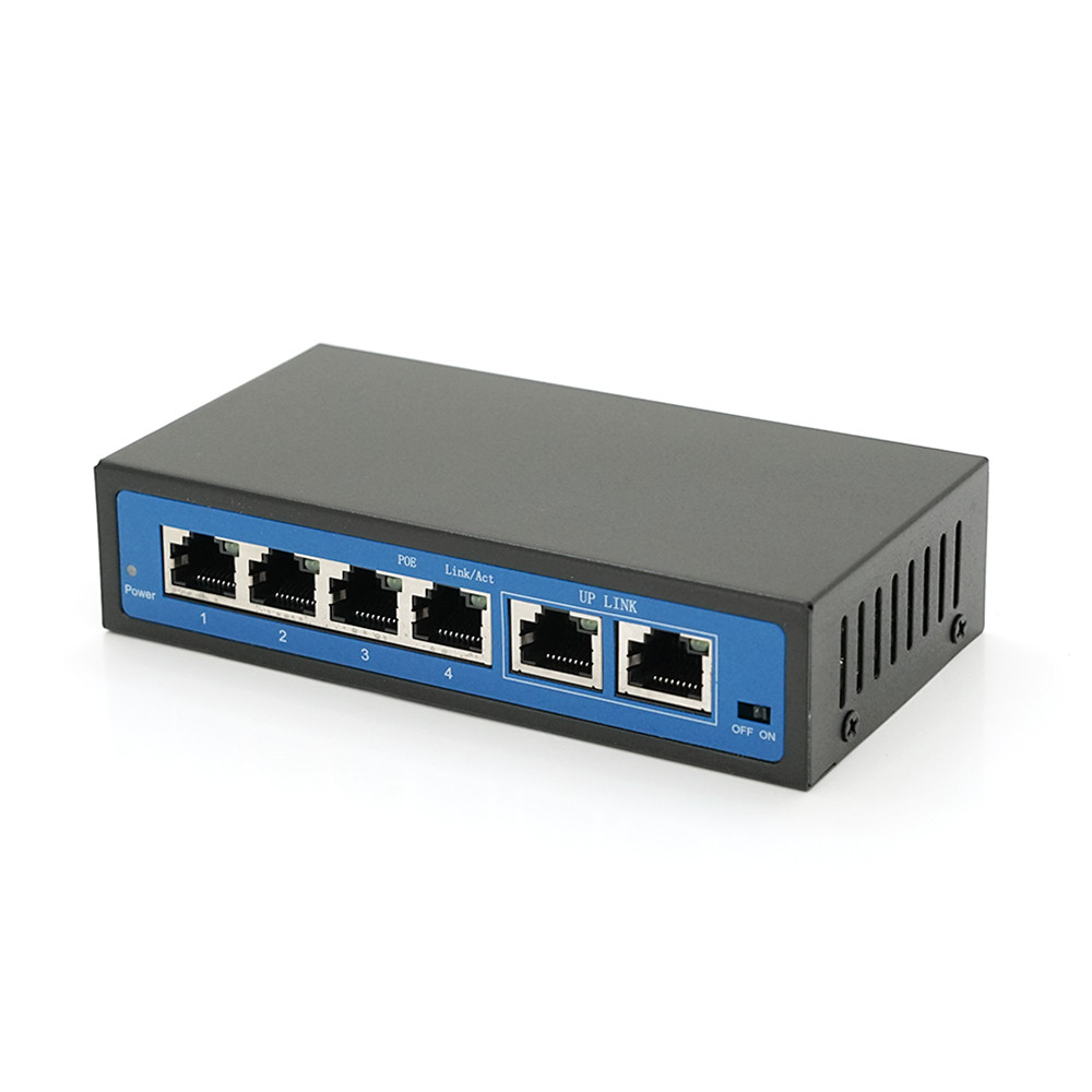 Коммутатор POE 48V с 4 портами POE 100Мбит + 2 порт Ethernet (UP-Link) 100Мбит, корпус - металл, Black, БП в