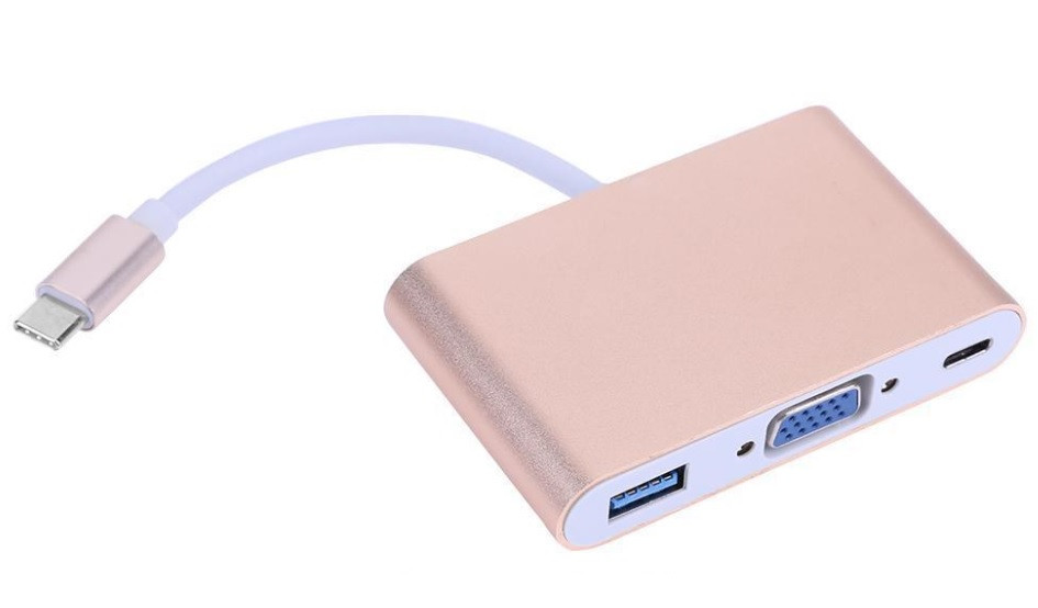 Конвертер Type-C (тато) на VGA (мама) + USB 3.0 (мама) + Type-C (мама) 10cm, GOLD, 4K / 2K Пакет