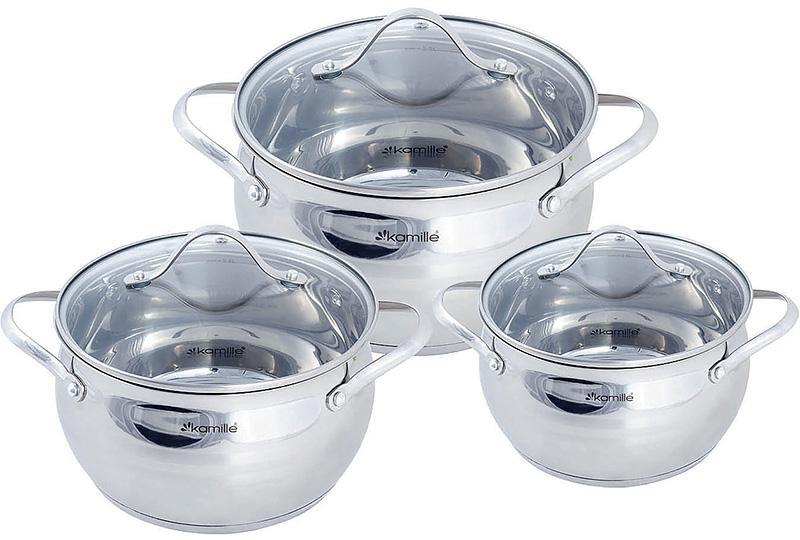 Набір 3 каструлі Kamille Fine Silver Pen 2.1л, greenpharm  3.7л greenpharm і 6.1л greenpharm з нержавіючої сталі зі скляними, фото 1