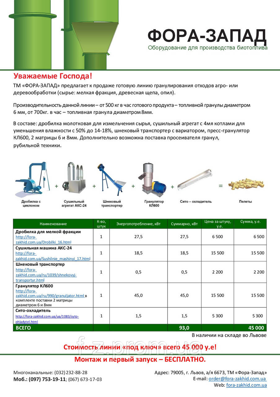 Комплексное решения для производста пеллет 600-900кг/ч тм Фора Захид - фото 1 - id-p371520036