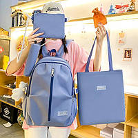 Рюкзак голубовато-синій з сірим віддтінком  з сумочками та пеналом в комплекті з брелком ведмедика
