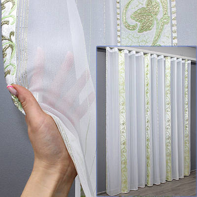 Тюль з креп-шифону. Колір білий з салатовим та золотистим. Код 1374т