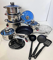 Кухонный набор каструль и сковорода из нержавеющей стали, качественный набор кастрюль с термокрышками