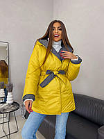 Двухсторонняя теплая женская куртка с капюшоном под пояс Размеры 42-46 оверсайз