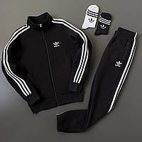 Мужской спортивный костюм Adidas зимний осенний теплый на флисе Кофта на молнии + Штаны с начесом черный