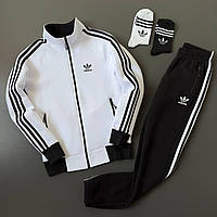 Мужской спортивный костюм Adidas зимний осенний теплый на флисе Кофта на молнии + Штаны с начесом белый