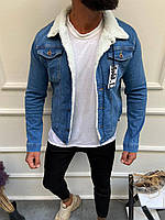 Мужская джинсовая куртка на овчине демисезонная весенняя осенняя синяя премиум качество