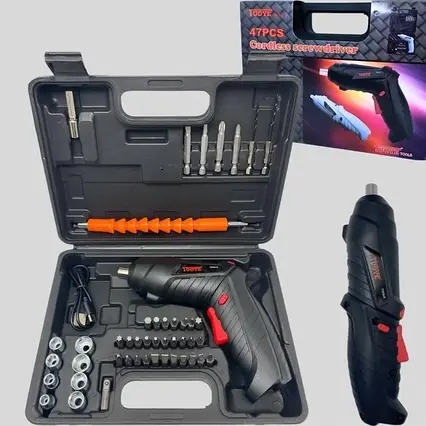 Шуруповерт акумуляторний Tuoye Tools з насадками 47 предметів у кейсі, викрутка акумуляторна у валізі, фото 1