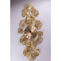 Ковані настінний годинник із листям гінкго золотого кольору 95×41 см