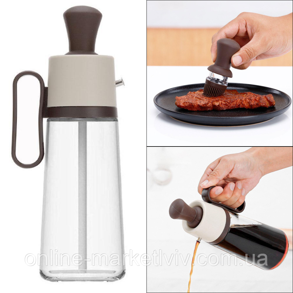 Багатофункціональний диспенсер для рідин 2в1 на 630мл + пензлик, Коричневий / Кухонний дозатор для олії, фото 1