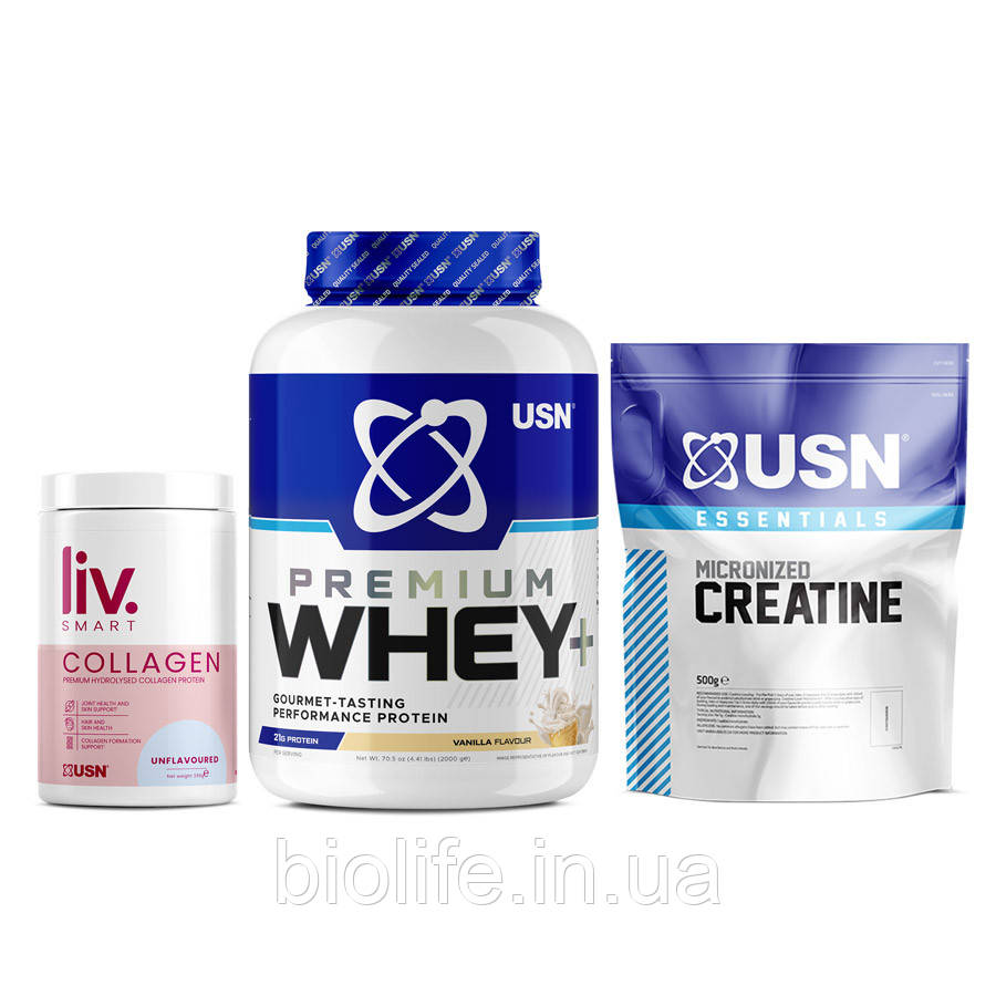 Whey+ Premium Protein (2 kg vanilla) + Essentials Micronized Creatine (500 g) + LivSmart Collagen (330 g unflavoured)
