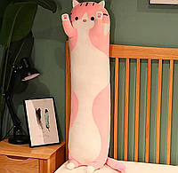 Кот игрушка мягкая для детей из плюша, кот-батон плюшевый длинный с пятнышками с наполнителем 70 см розовый