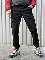 Мужские брюки карго на флисе штаны теплые зима/осень черные