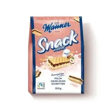 Вафлі Manner snack Minis з молочно-горіховим кремом 300 г.10шт/ящ
