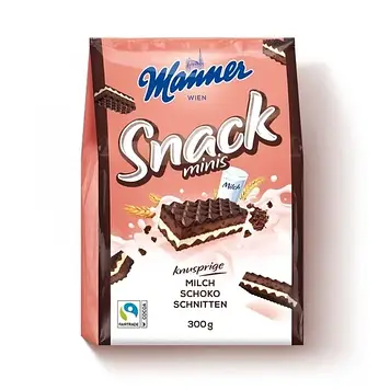 Вафлі Manner snack Minis з молочно-шоколадн им кремом 300 г.10шт/ящ