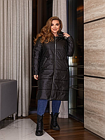 Пальто зимнее женское черное миди на молнии с капюшоном легкое большого размера 48-58. 104364