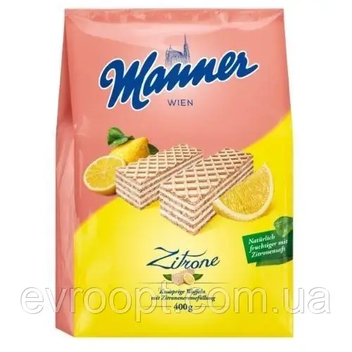 Вафлі Manner Lemon Cream з лимонним  кремом 400 г. 10шт/ящ, фото 1