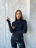 Кофта спортивная женская на молнии, рашгард удлиненный, лонгслив с отверстиями для пальцев - черный