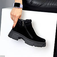 Дизайнерские черные замшевые женские зимние ботинки натуральная замша на двух молниях