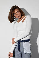 Женский пуловер в рубчик с каплевидным вырезом - молочный цвет, XL (есть размеры) gr