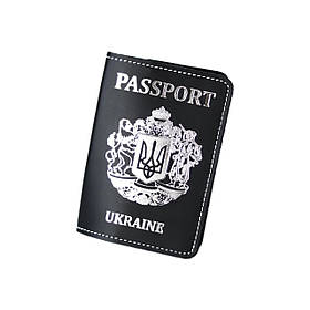 Обкладинка для паспорта "Passport+великий Герб України", чорна з сріблом + біла нитка